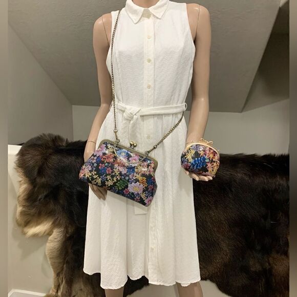 Handmade Genuine Embossed Leather Floral Print Top Handle bag & Small Purse Set - Picture 6 of 16